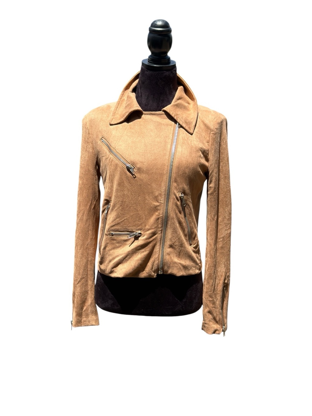 VICI Camel Faux Suede Moto Biker Jacket Medium Asymmetrical Zip Sleek - Picture 3 of 10